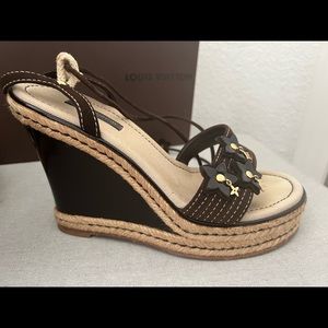 Louis Vuitton Brown Suede Embellished Wedge Ankle Wrap Espadrille Sandals